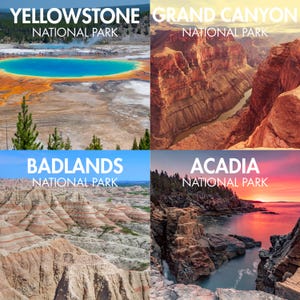 Può includere: Un collage di quattro viste panoramiche dei parchi nazionali americani. Le immagini includono Yellowstone, Grand Canyon, Badlands e Acadia National Park. Ogni immagine ha il nome del parco in testo bianco.