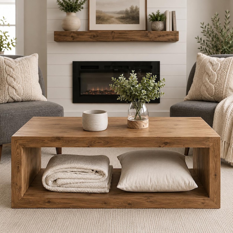 Puede incluir: Una mesa de centro rectangular de madera con acabado de veta natural, que cuenta con un estante inferior abierto. La superficie superior sostiene un cuenco de cer&aacute;mica blanca acanalada y un jarr&oacute;n de vidrio transparente con follaje verde. Debajo hay una manta y un coj&iacute;n color crema plegados.
