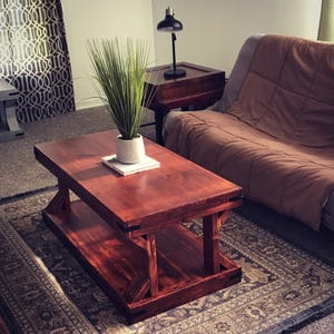 May include: A rectangular, reddish-brown wooden coffee table with a lower shelf and angled supports. The table has metal corner accents. A potted plant sits on top of the table, along with a small book. The table is on a patterned rug.