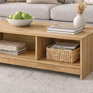 May include: A light brown wooden coffee table with two open storage compartments and a lower shelf. The table holds a white bowl of green apples, books, and a woven basket. A white vase with dried plants sits on top.