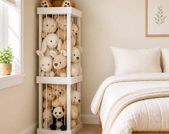 Plano de carpintería para construir una torre de almacenamiento de animales de peluche (descarga digital)