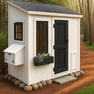 May include: A small, white garden shed with a black shingled roof, black door, and window frames. A black planter box with purple and white flowers sits below the window. A white mailbox is attached to the side. The shed is surrounded by brown stones.