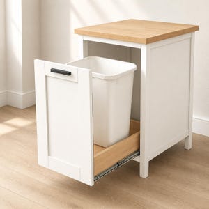 May include: A white wooden cabinet with a light oak-colored top surface and a pull-out drawer featuring a black handle. Inside the drawer is a removable white plastic trash bin. The cabinet has a clean, rectangular frame and a smooth finish.