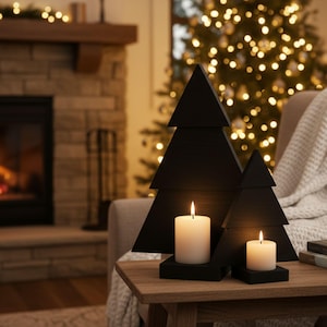 May include: Two black wooden Christmas tree candle holders with lit white candles on a wooden table. The candle holders are in front of a lit Christmas tree and a fireplace.