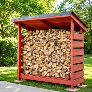 Puede incluir: Un cobertizo de madera roja para leña con techo inclinado, diseño de frente abierto y listones laterales horizontales. La estructura está llena de una gran pila de troncos cortados, apoyada sobre una base sostenida por bloques de hormigón.