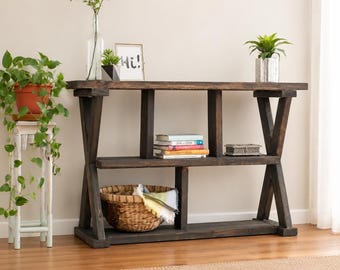 Planos para mesa consola con patas en forma de X (hazlo tú mismo) / Mesa de entrada estilo granja (PDF) para carpintería / Mesa auxiliar con estantes (plano) / Guía de construcción sencilla con madera de 2x4
