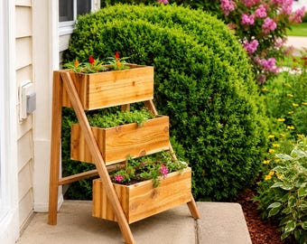 Plano para soporte de macetas de 3 niveles. Guía de carpintería para bricolaje para jardín y patio.