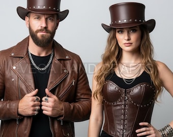 Brown Leather Top Hat with Silver Studs, Handmade Steampunk Hat for Men and Women, Gothic Festival Leather Headwear, Victorian Costume Hat