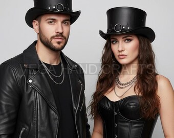 Black Leather Top Hat with Silver Studs, Handmade Steampunk Hat for Men and Women, Gothic Festival Leather Headwear, Victorian Costume Hat