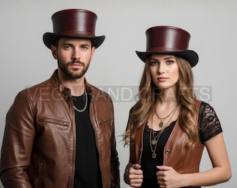 Burgundy Leather Top Hat with Black Brim, Handmade Steampunk Hat for Men and Women, Gothic Victorian Leather Headwear, Festival Costume Hat
