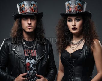 Leather Top Hat with Skull and Flame Design, Handmade Steampunk Gothic Hat for Men and Women, Festival Biker Costume Leather Headwear
