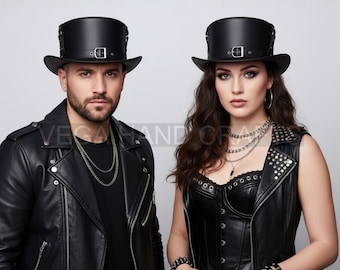 Black Leather Top Hat with Metal Buckle, Handmade Steampunk Hat for Men and Women, Gothic Victorian Leather Headwear, Festival Cosplay Hat
