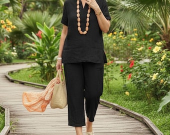 Linen Blend Two Piece Set for Women - Boho Wide Leg Trousers and Button Up Short Sleeve Tunic - Casual Summer Loungewear Co-ord