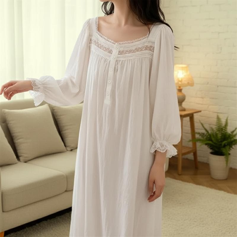 flowy sleep dress Victorian Chemise Style Sleepwear Bell Sleeve Cotton Short Nightgown for Woman L main image 0