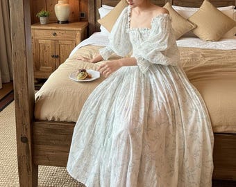 Wiktoriańska koszula nocna z kwiatowym wzorem wróżki, marszczona sukienka do spania w stylu Cottagecore, długi, bufiasty rękaw z bawełny, strój domowy