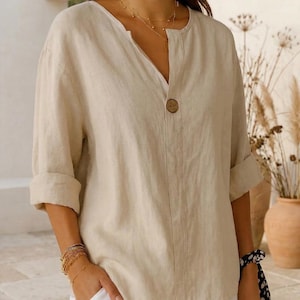 Camicetta in lino con scollo a V • Top estivo oversize dalla vestibilità ampia