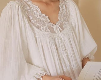 Victoriaanse nachtjapon van 100% katoen voor dames, lange witte kanten nachtkleding in Franse stijl, nachthemd met prinsessenfee