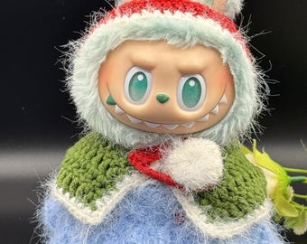 Conjunto de invierno hecho a mano para Labubu de 20 cm: sudadera con orejas de conejo y falda esponjosa.