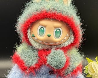 Conjunto de abrigo y falda mullidos hechos a mano, ribete rojo, atuendo para muñeca Labubu de 20 cm