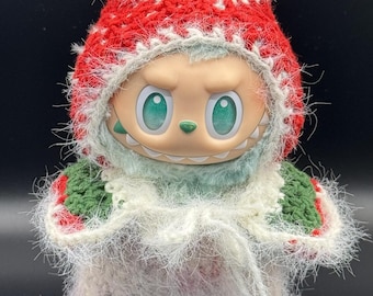 Conjunto navideño hecho a mano para Labubu de 20 cm: gorro, suéter y bufanda de conejito de ganchillo