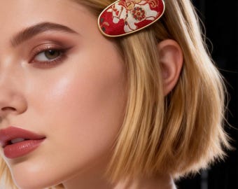 Pinza para el cabello con brocado de canción roja / Pasador de seda china con motivo de caballo del zodíaco chino