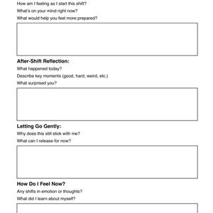 May include: A white printable worksheet titled "Nursing Shift Reflection" with prompts for pre-shift, after-shift, and letting go reflections. Includes space for writing and the text "NurseFlowPrints - Your calm corner after every shift."