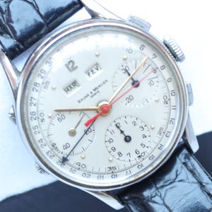 Vintage Baume Mercier Steel Chronograph Triple Date Calendar Valjoux 72C Watch XXRARE 1950