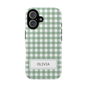 Personalised Green Gingham iPhone Case for iPhone 16 iPhone 15 iPhone 14 iPhone 13 iPhone 12 iPhone 11 Pro iPhone Check Green Phone Case