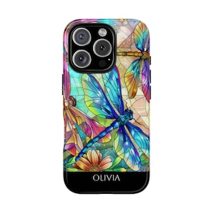 Custodia personalizzata per iPhone con libellula in vetro colorato per iPhone 16, iPhone 15, iPhone 14, iPhone 13, iPhone 12, iPhone 11 Pro, custodia floreale per iPhone