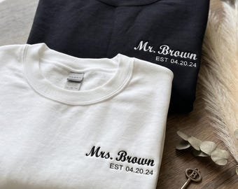 Personalized Mr and Mrs Sweatshirt, Custom Last Name Hoodie, Embroidered Couple Crewneck, Wedding Gift for Bride Groom, Anniversary Matching