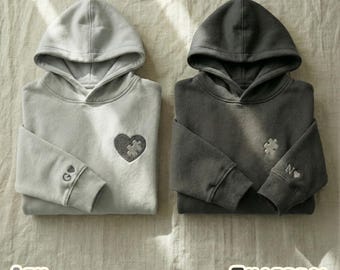 Matching Couple Hoodies & Sweatshirts, Embroidered Puzzle Heart, Personalized Initials, Valentine’s Day, Anniversary Gift