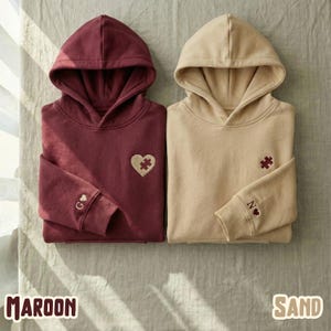 Matching Couple Hoodies & Sweatshirts, Embroidered Puzzle Heart, Personalized Initials, Valentines Day Gift, Anniversary Gift