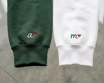 Personalized Embroidered Cuff Sweatshirt, Custom Initial Heart Sleeve, Matching Couple Sweatshirt, Gift for Her Him