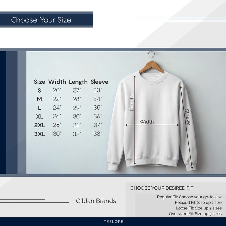 May include: White crewneck sweatshirt displayed on a wooden hanger. Size chart shows measurements in inches for width, length, and sleeve length. Text includes "Choose Your Size" and "Choose Your Desired Fit". The brand is Gildan.