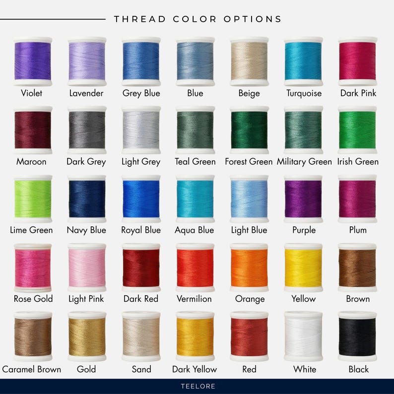 May include: A color chart of thread spools in various colors, including violet, lavender, grey blue, blue, beige, turquoise, dark pink, maroon, dark grey, light grey, teal green, forest green, military green, and irish green.