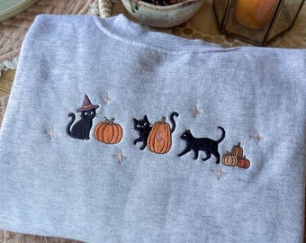 Embroidered Halloween Cat Sweatshirt, Black Cat Witchy Crewneck or Hoodie, Halloween Gift for Cat Lover