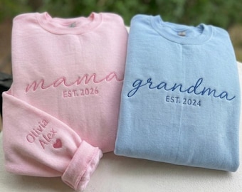 Personalized Mama Embroidered Hoodie & Sweatshirt, Custom Mom or Grandma Gift, Kids Names on Sleeve, Est Year Mother's Day Gift
