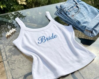 Bride and Maid of Honor Matching Crop Tank Tops, Custom Embroidered Bridal Cami Set, Bachelorette and Wedding Morning Outfit