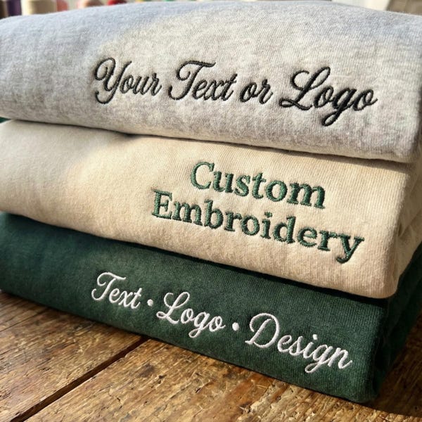 Custom Embroidered Sweatshirt, Hoodie, T-Shirt, Personalized Text Logo Apparel