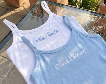 Personalized Bridal Party Crop Tank Tops, Custom Embroidered Bride Bridesmaid Maid of Honor Shirt, Mrs Tank, Bachelorette Gift