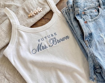 Personalized Bridal Party Crop Tank Tops, Custom Embroidered Bride Bridesmaid Maid of Honor Shirt, Mrs Tank, Bachelorette Gift