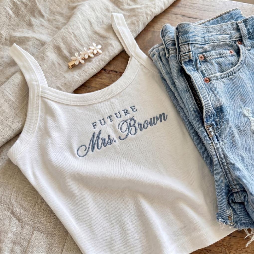 Personalized Bridal Party Crop Tank Tops, Custom Embroidered Bride Bridesmaid Maid of Honor Shirt, Mrs Tank, Bachelorette Gift