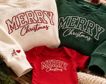 Matching Family Christmas Sweatshirts, Hoodies, Kids Crewnecks & Baby Bodysuits, Custom Embroidered Sleeves