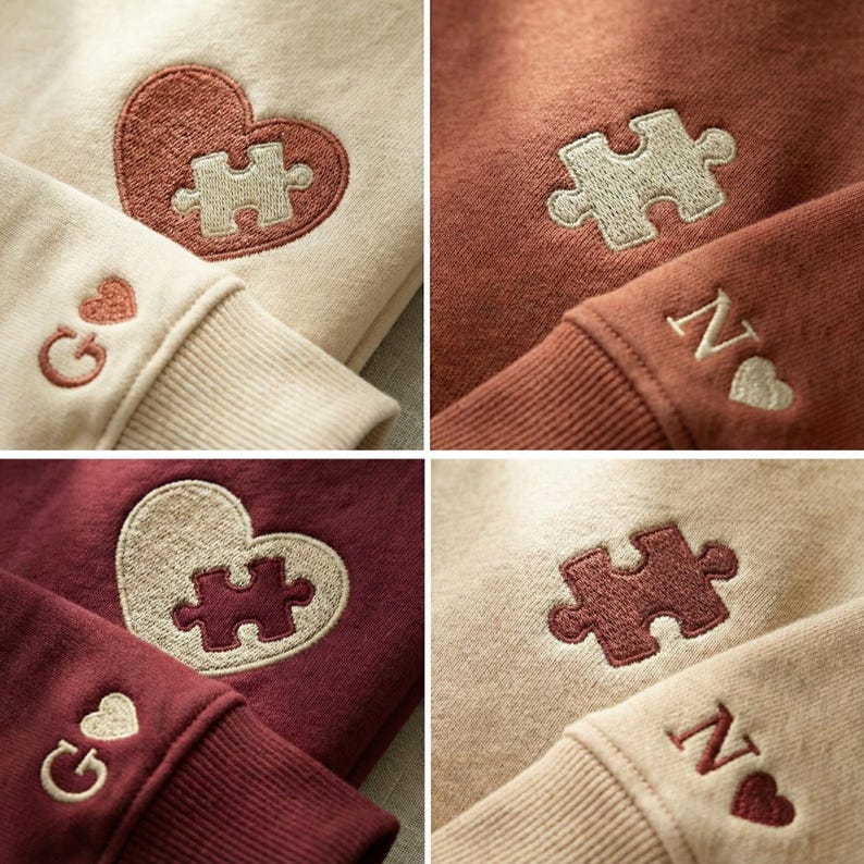 Matching Couple Hoodies & Sweatshirts, Embroidered Puzzle Heart, Personalized Initials, Valentines Day Gift, Anniversary Gift