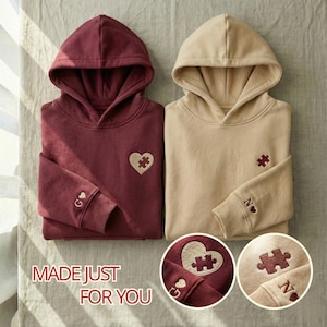 Matching Couple Hoodies & Sweatshirts, Embroidered Puzzle Heart, Personalized Initials, Valentines Day Gift, Anniversary Gift