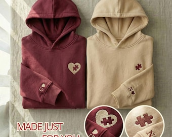 Matching Couple Hoodies & Sweatshirts, Embroidered Puzzle Heart, Personalized Initials, Valentines Day Gift, Anniversary Gift