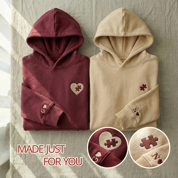 Matching Couple Hoodies & Sweatshirts, Embroidered Puzzle Heart, Personalized Initials, Valentines Day Gift, Anniversary Gift