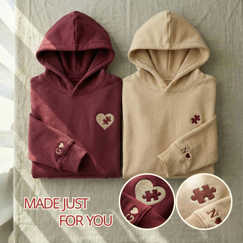 Matching Couple Hoodies & Sweatshirts, Embroidered Puzzle Heart, Personalized Initials, Valentines Day Gift, Anniversary Gift