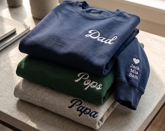 Personalized Dad Sweatshirt with Kids Names on Sleeve, Embroidered Papa Grandpa Crewneck, Father’s Day Gift for Dad
