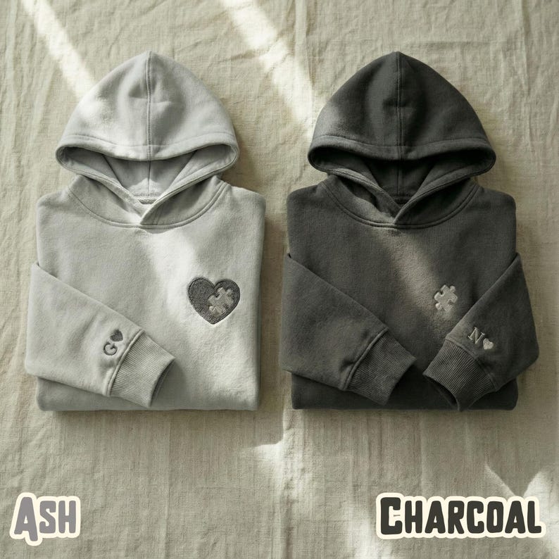 Matching Couple Hoodies & Sweatshirts, Embroidered Puzzle Heart, Personalized Initials, Valentines Day Gift, Anniversary Gift